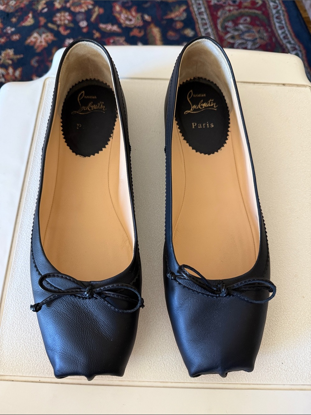 Christian Louboutin Black Leather Square-Toe Ballet Flats